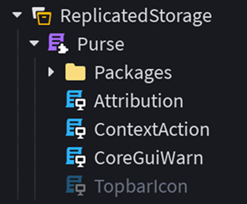 Explorer window showing TopbarIcon disabled and ContextAction enabled under Purse